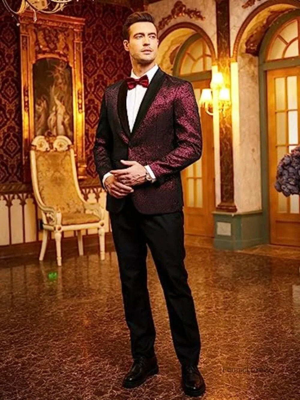 Men's Floral Jacquard Tuxedo Jacket Shawl Lapel Slim Fit Suit Blazer Wedding